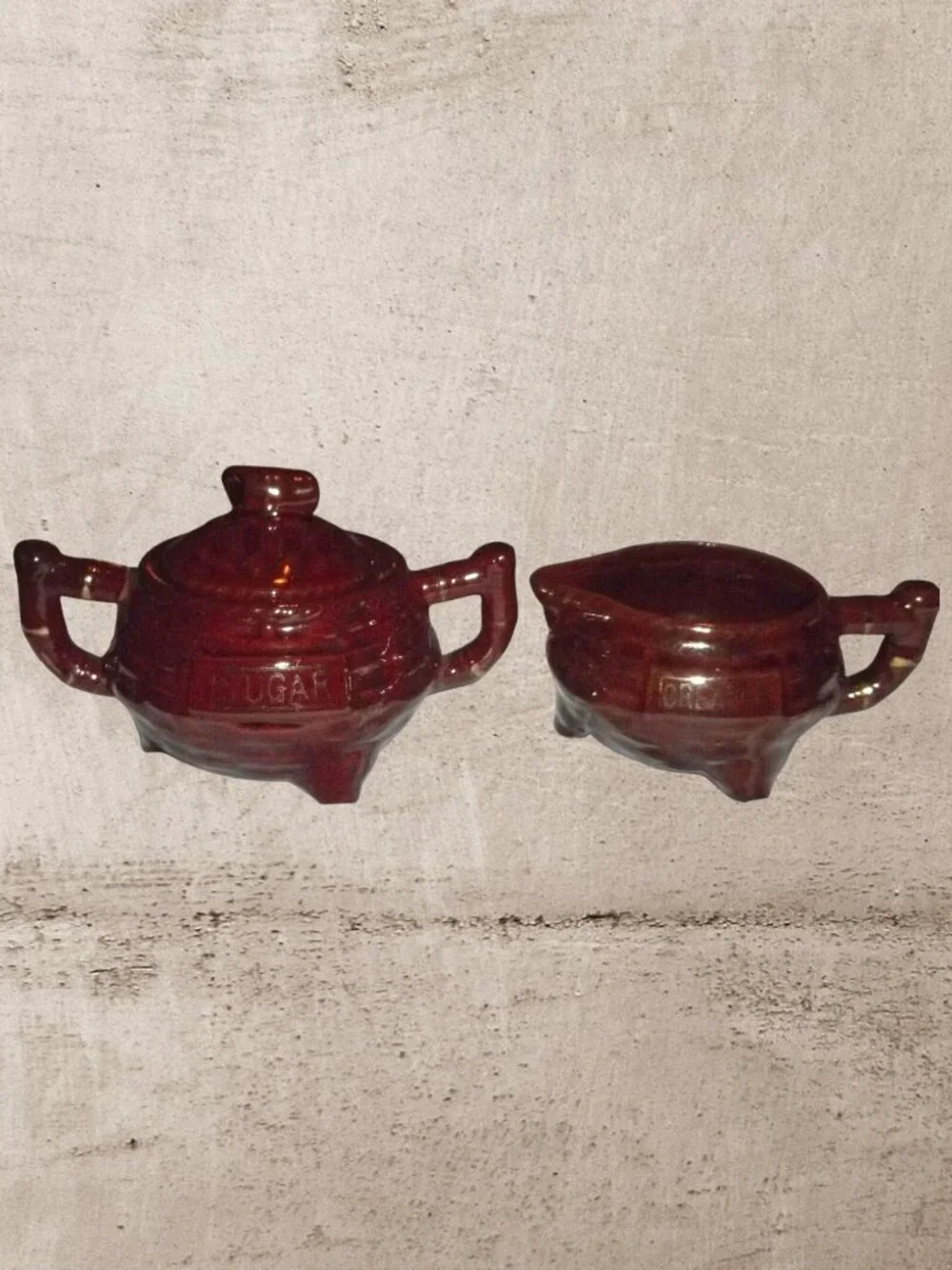 VTG 1950s Japanese Redware Brown Drip Glaze Pot Belly Cream & Sugar Set T5